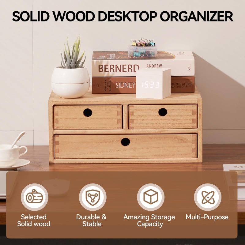Kirigen Natural Wooden Desktop Organizer - Office Supplies Filing Tidy Storage Shelf - Storage Cabinet/Jewelry Organizer with 3 Drawers (NA, 2-Layer &3 Drawers) - Image 2